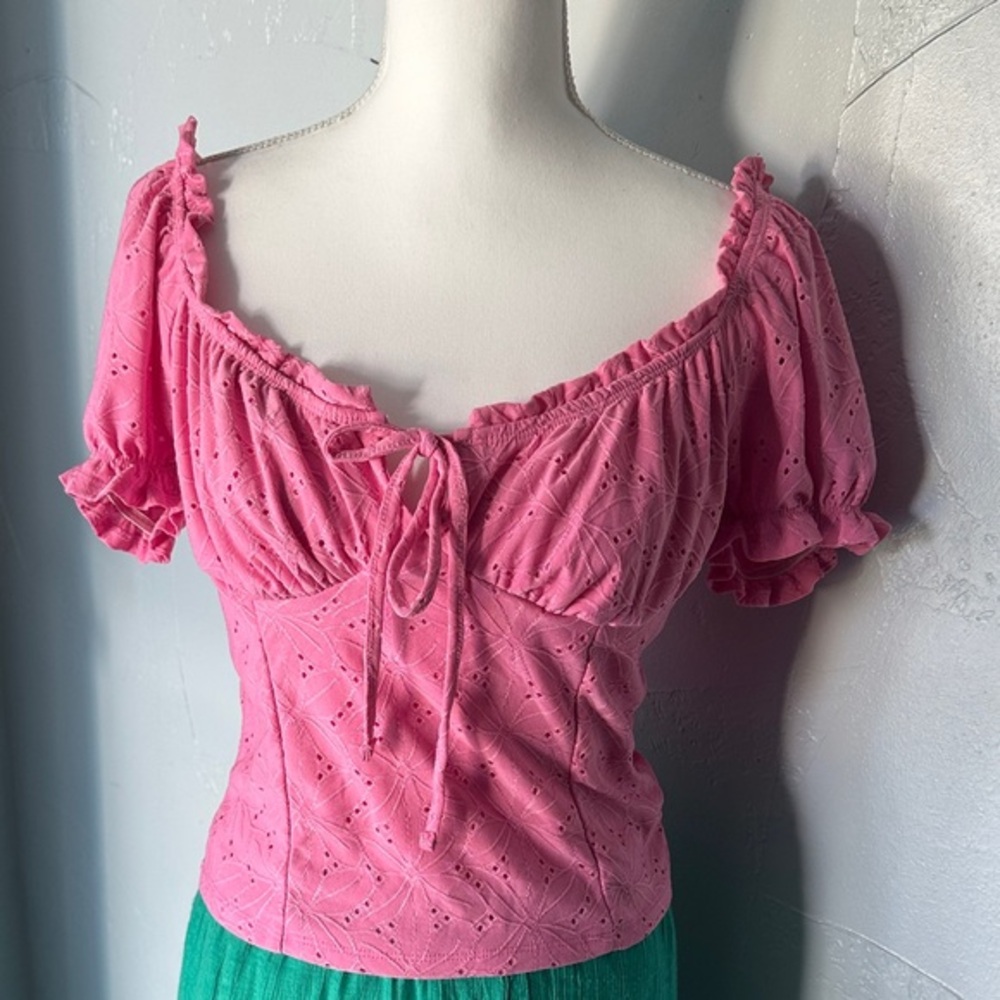 Iris Pink Eyelet Blouse with Tie Front